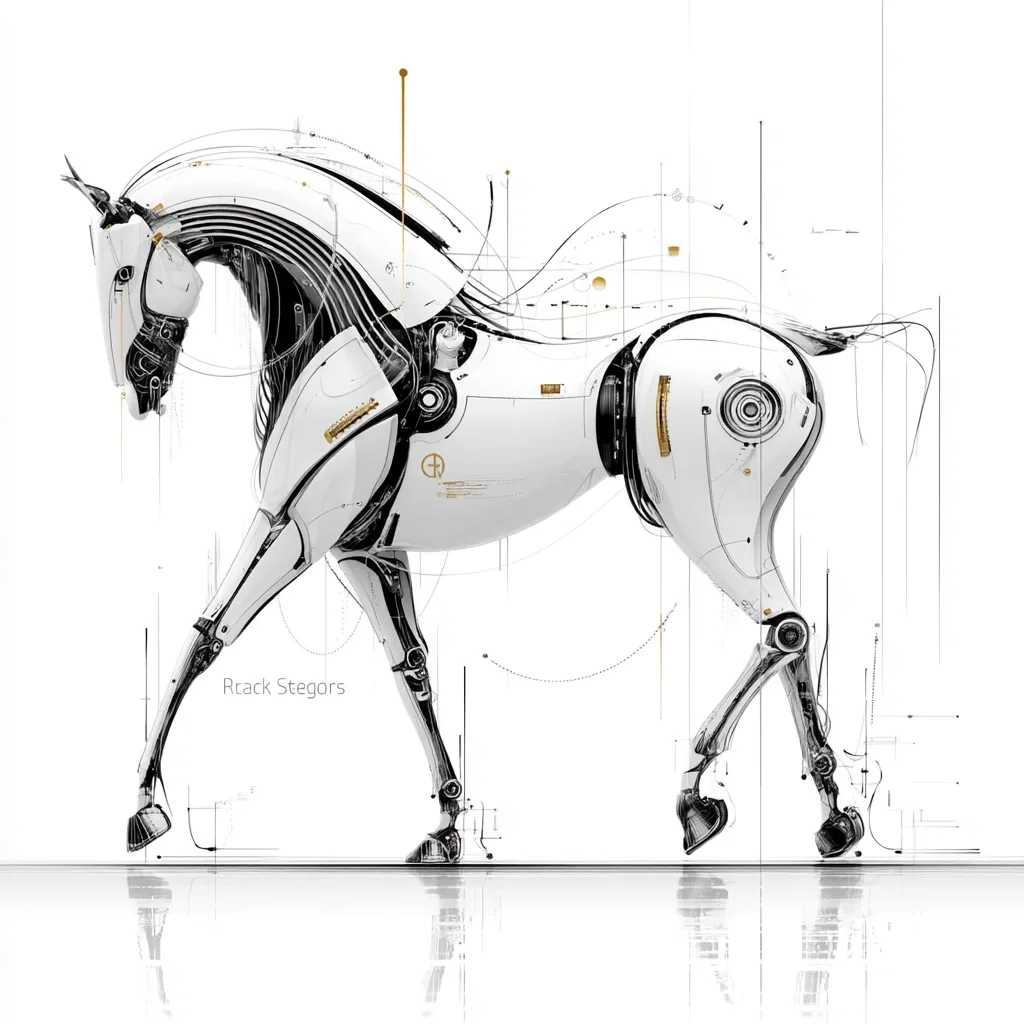 A sleek, white robotic horse, meticulously detailed, walks across a reflective surface.  Its design blends organic equine form with exposed mechanical components, highlighted by gold accents.  Thin, dark lines suggest blueprints or schematics overlaying the robot, creating a sense of technological artistry.  The image is minimalist, with the horse as the focal point against a stark white background.  The artist's signature, "Rtack Stegons," is subtly placed near the horse's legs.