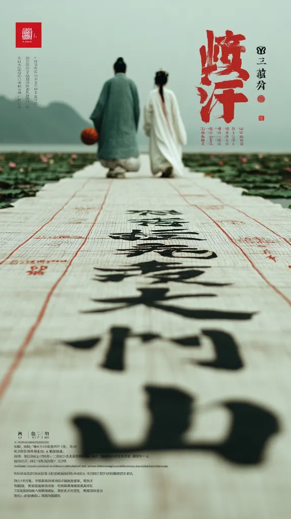 Two figures in traditional East Asian clothing walk away from the viewer along a path.  The path is a long scroll of Chinese calligraphy, extending into the distance.  A lake and distant mountains form a tranquil background. The overall aesthetic is serene and evocative of classical Chinese art.  The title of the film or artwork is prominently displayed in stylized script.