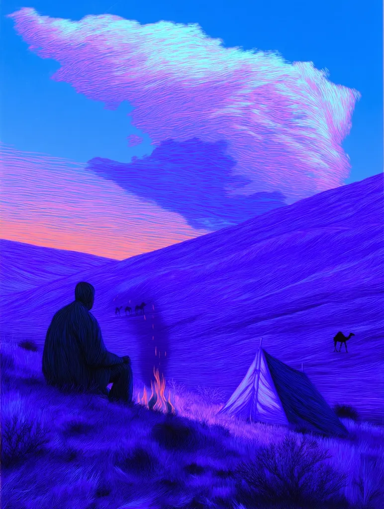 A lone figure sits by a small campfire in a vibrant purple landscape.  A tent is pitched nearby, and a camel is visible in the distance.  The sky is a dramatic blend of purple and pink, with a large, textured cloud dominating the upper half of the image. The style is reminiscent of digital painting, with visible brushstrokes creating a textured effect throughout the scene.  The overall mood is serene and slightly surreal.