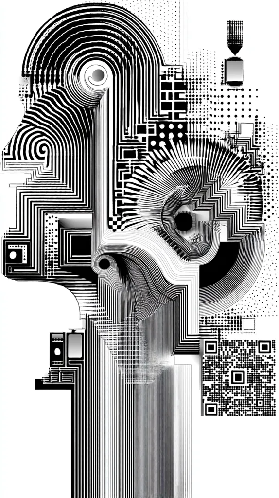 A black and white abstract artwork resembling a stylized face.  Intricate patterns of lines, circles, and geometric shapes create a sense of depth and complexity.  The design incorporates elements suggesting circuitry or technology, with a QR code visible in the lower right.  The overall effect is a blend of mechanical precision and organic form.