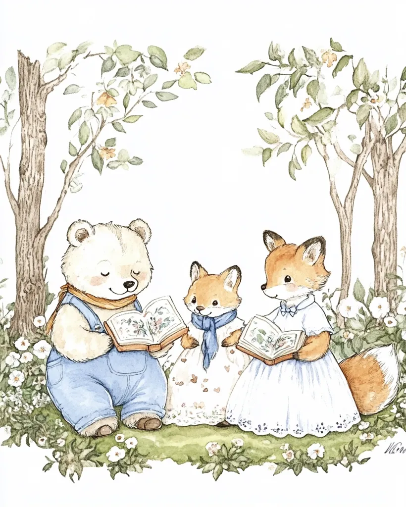 A heartwarming watercolor illustration depicts a polar bear, a mother fox, and her fox cub.  They are seated amidst flowering plants and trees, each engrossed in a book. The bear wears overalls, while the foxes are dressed in pretty dresses. The scene evokes a sense of quiet, idyllic learning in a whimsical forest setting.