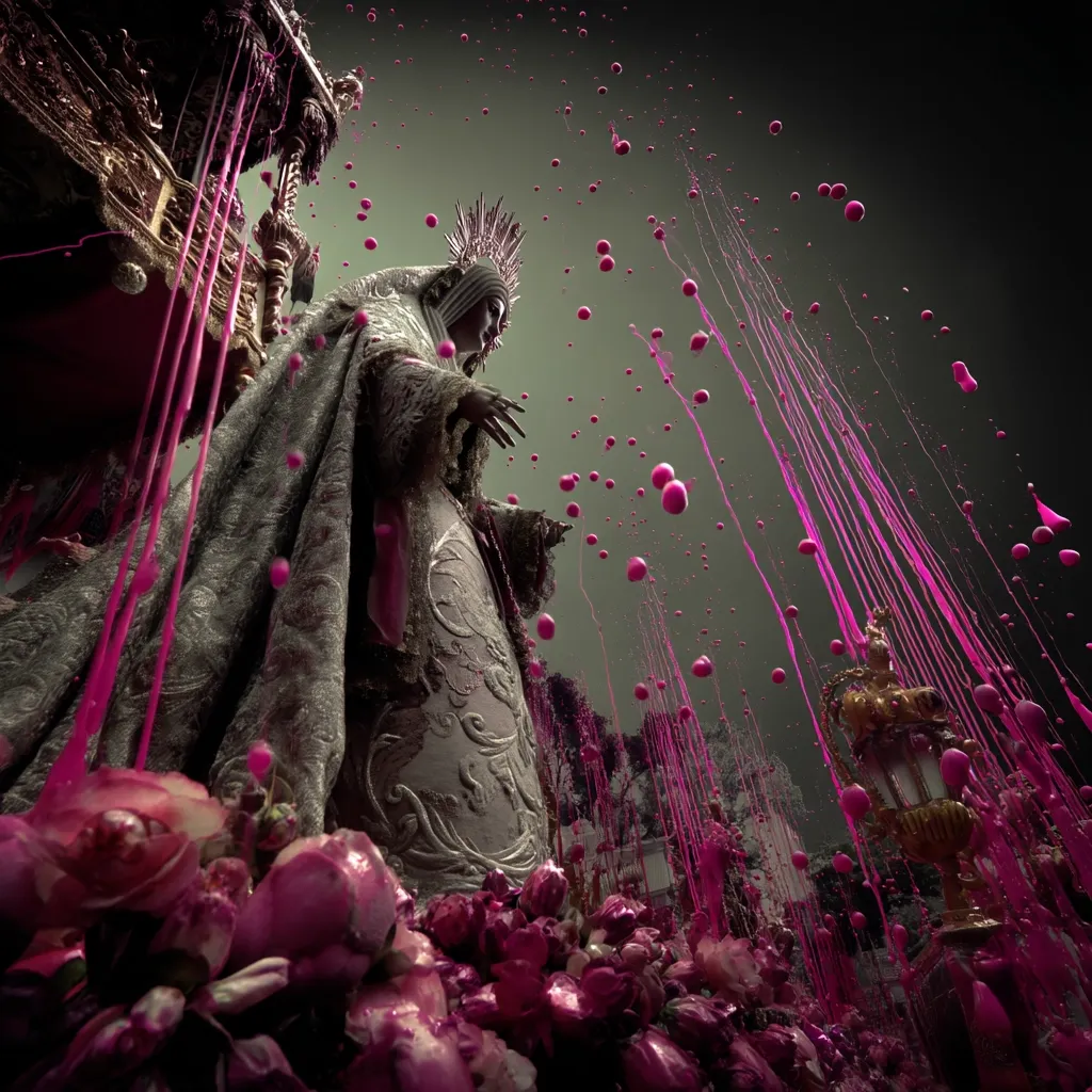 A statue of the Virgin Mary, adorned in elaborate robes, stands amidst a shower of vibrant pink liquid.  The scene is dramatic, with streaks of the liquid cascading down, creating a surreal and almost violent contrast against the statue's serene expression.  The statue is surrounded by dark pink roses, adding to the intense visual impact.  The background is dark and moody, emphasizing the vibrant pink elements.