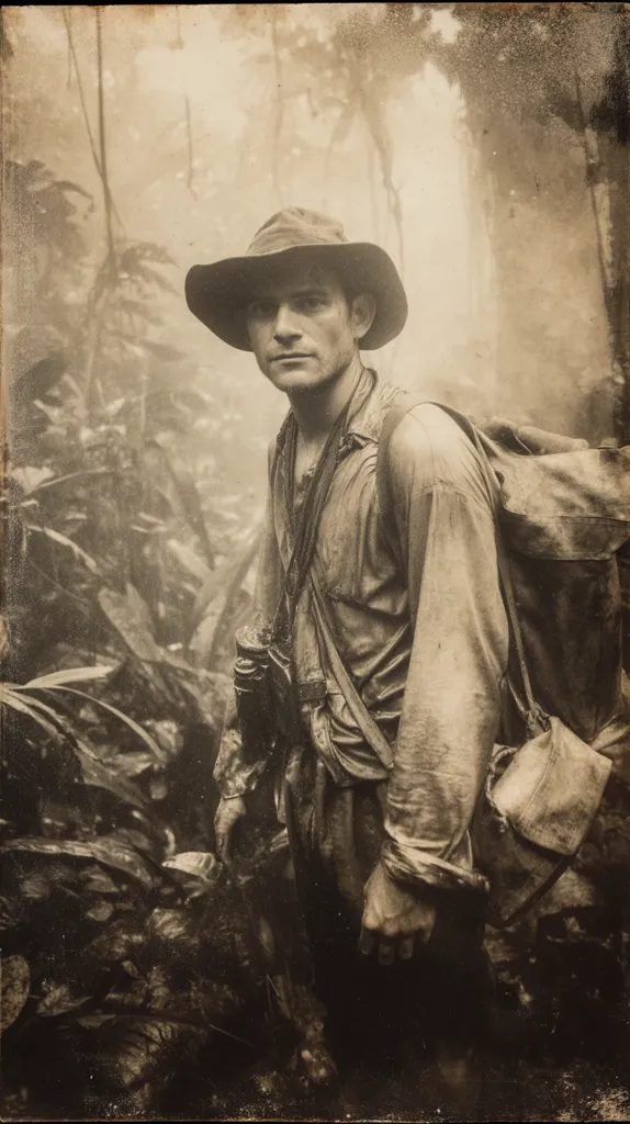 A sepia-toned portrait captures a man, possibly an explorer, amidst a lush, dense jungle. He wears a wide-brimmed hat, a soiled long-sleeved shirt, and carries a large backpack.  Binoculars hang from his neck.  The image evokes a sense of adventure and hardship, with the misty jungle background adding to the mysterious atmosphere. The style suggests an antique photograph, enhancing the historical feel.