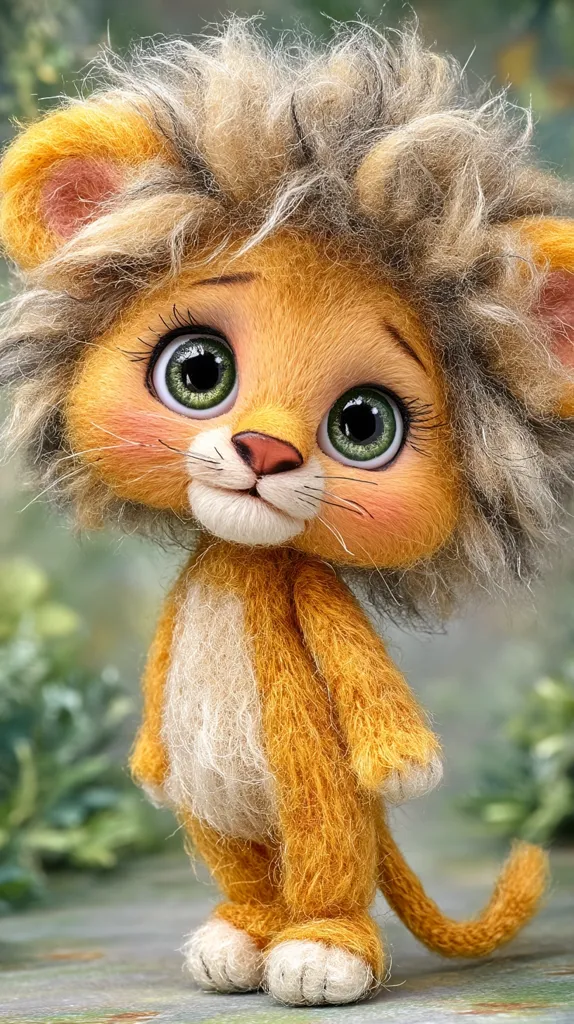 An adorable needle-felted lion cub stands against a blurred green background.  Its large, expressive green eyes and fluffy, golden-brown mane and body are meticulously crafted.  The lion cub has a sweet, innocent expression and a small, neatly formed tail.  It appears soft and cuddly, a charming handmade creation.