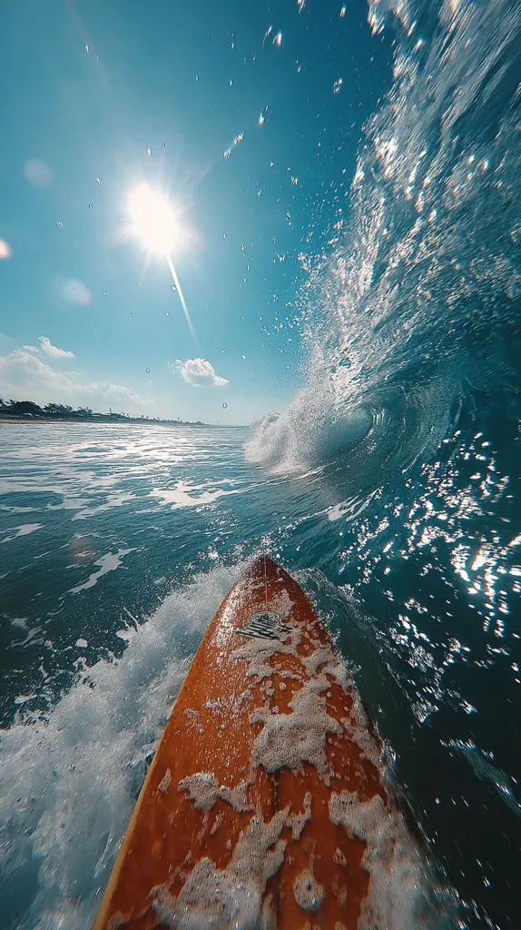 A surfer's perspective, riding a wave on a sunny day.  The bright sun is visible in the sky, while the surfer is positioned within the curl of a breaking wave.  Ocean water splashes around the surfboard, creating a dynamic and exhilarating scene. The bright blue sky and deep teal ocean contrast beautifully.  The wooden surfboard is partially covered in sea foam.