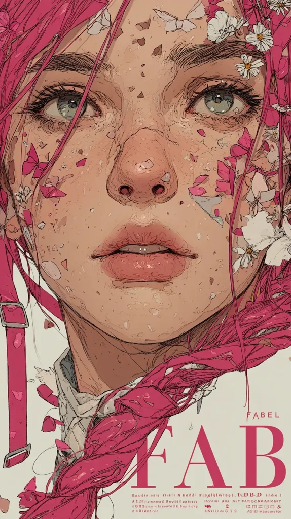 A close-up illustration of a woman's face, adorned with pink hair and delicate pink and white flowers. Her expression is serene, her eyes are captivating, and her lips are full.  The detailed artwork features a textured style, giving the image a soft yet striking aesthetic.  The background subtly incorporates more floral elements, enhancing the overall dreamy feel.  The word "FAB" is prominently displayed, suggesting a potential title or brand.