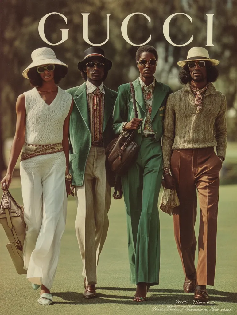 A Gucci advertisement showcases four stylish individuals, two women and two men, strolling on a verdant golf course.  The women sport wide-legged trousers and knit tops; one in white, the other in emerald green.  The men are similarly dressed in coordinated 70s attire, with one in a green velvet suit and the other in earthy tones.  All wear sunglasses and hats, conveying a sense of relaxed sophistication. The Gucci logo is prominently displayed.