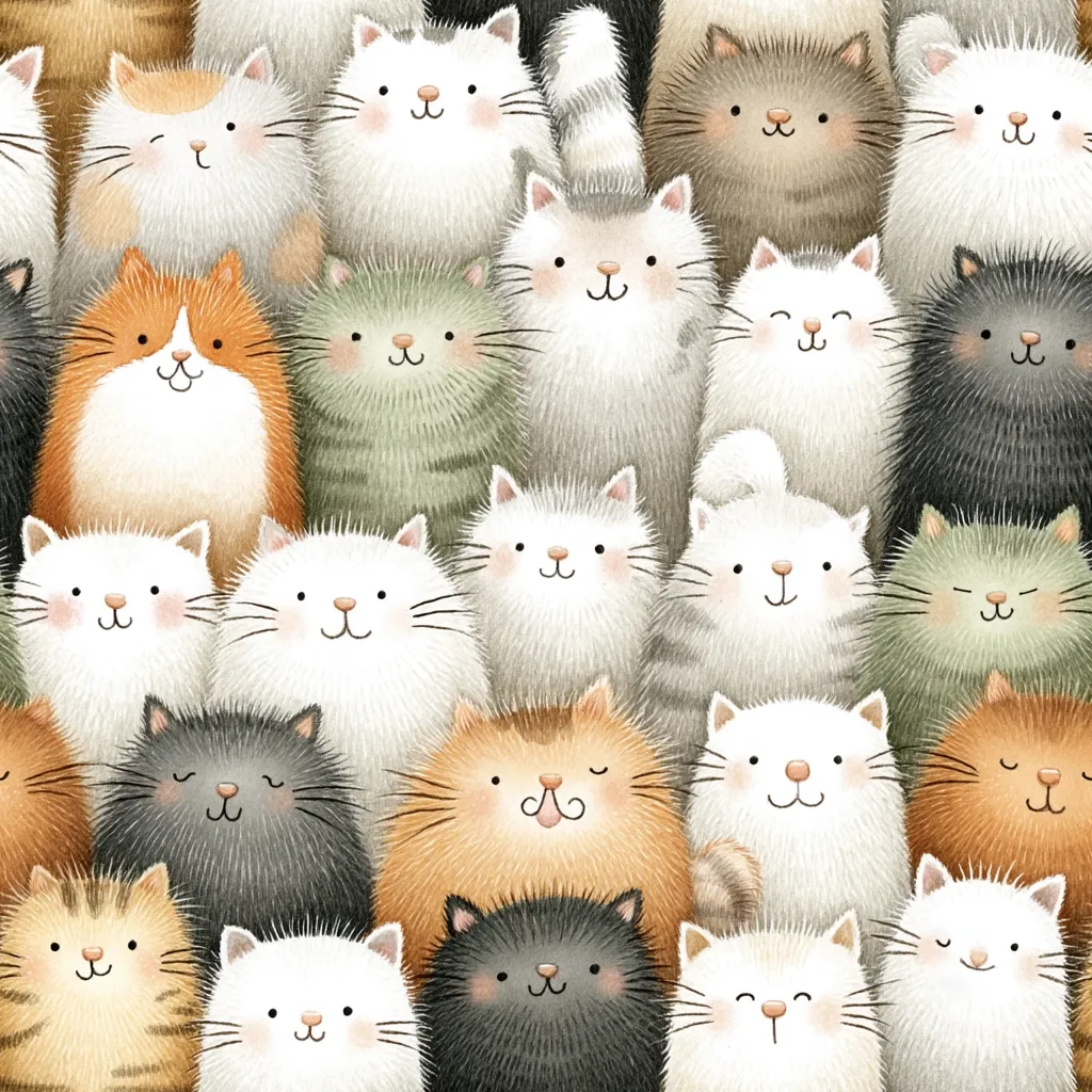 A charming illustration features a multitude of fluffy cats in varying colors and poses.  The cats are densely packed together, their soft fur textures depicted with delicate brushstrokes.  They range in shades of white, gray, orange, and black, creating a visually appealing and whimsical composition. The overall style is cute and endearing, reminiscent of children's book illustrations.