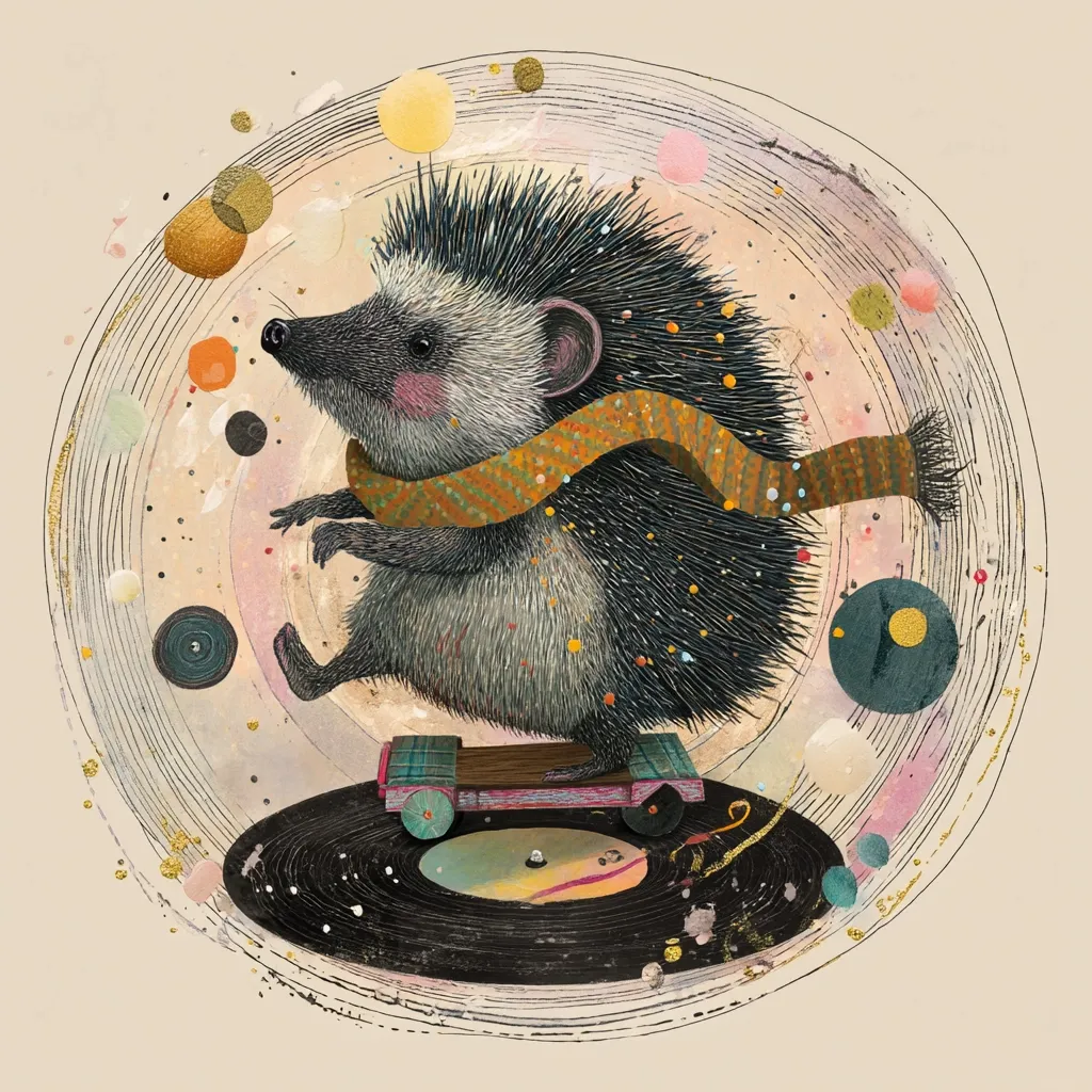 A whimsical illustration depicts a hedgehog wearing an orange scarf, perched atop a miniature wooden cart rolling across a vinyl record.  Surrounding them is a circular design featuring pastel colors and gold flecks, evoking a dreamy, slightly psychedelic atmosphere. The hedgehog appears joyful and carefree, creating a charming and imaginative scene.