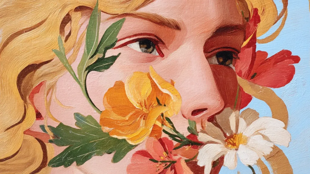 A close-up painting depicts a woman's face partially obscured by vibrant flowers.  Her blonde hair flows around her, and her expression is serene.  The flowers, rendered with visible brushstrokes, include orange poppies, red blossoms, and a white daisy, creating a striking contrast against her skin tones.  The style is reminiscent of classical portraiture, infused with a modern sensibility.
