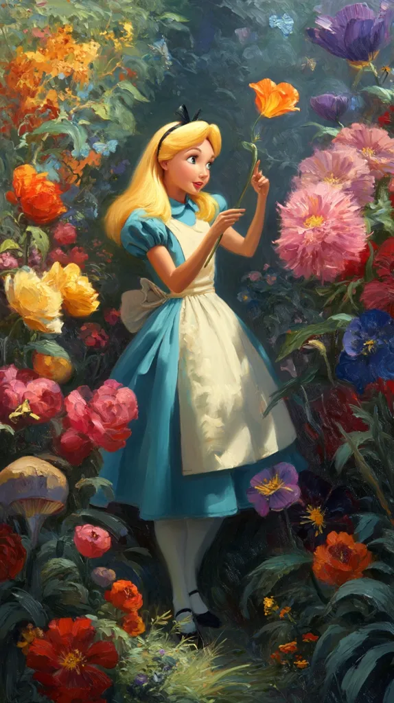 Alice, in her iconic blue dress and white apron, stands amidst a vibrant garden.  She delicately holds a single orange poppy, her blonde hair cascading around her shoulders.  Surrounding her are lush blooms in a riot of colors—reds, pinks, oranges, and purples—creating a whimsical and enchanting scene reminiscent of Wonderland.  The painting's style is painterly and rich with texture.