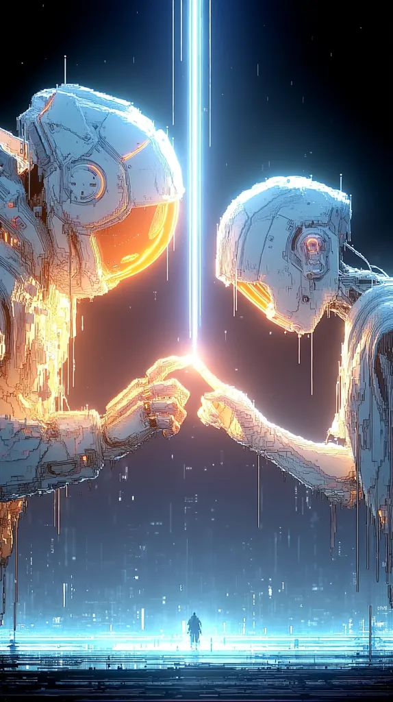 Two towering, futuristic astronaut figures, rendered in a pixelated style with glowing orange and blue accents, reach towards each other across a luminous beam of light.  Their hands nearly touch, creating a vibrant focal point. Below, a lone, small figure stands silhouetted against a futuristic cityscape bathed in a cool, electric glow, suggesting a sense of awe and scale. The overall aesthetic is cyberpunk, blending advanced technology with a sense of mystery.