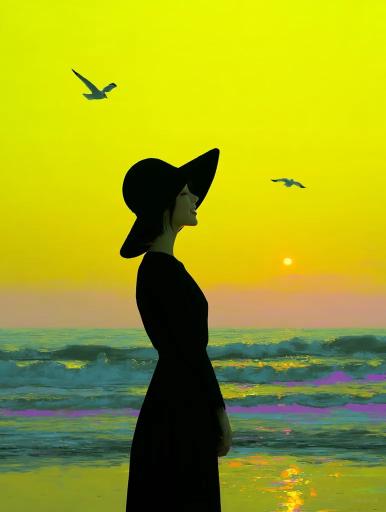 A stylized illustration depicts a woman in a long black dress and wide-brimmed hat standing on a beach at sunset.  The ocean waves are vibrantly colored, and two seagulls fly in the bright yellow sky. The overall mood is serene and slightly surreal, with a strong contrast between the dark figure and the vivid background. The setting sun casts a warm glow on the scene.