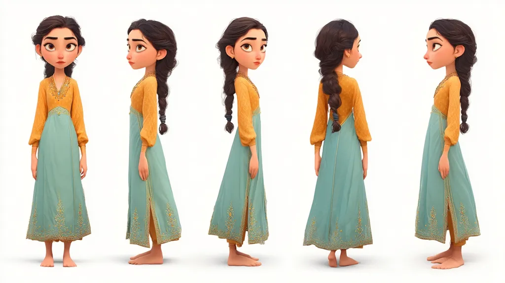 The image shows a 3D model of a young woman from multiple angles.  She has dark brown hair in a braid, and wears a teal floor-length dress with a mustard yellow bodice, adorned with gold embroidery. The dress features a high neckline and long sleeves.  The model is barefoot and her expression is somewhat serious.  The different views showcase the design and details of her clothing and posture.