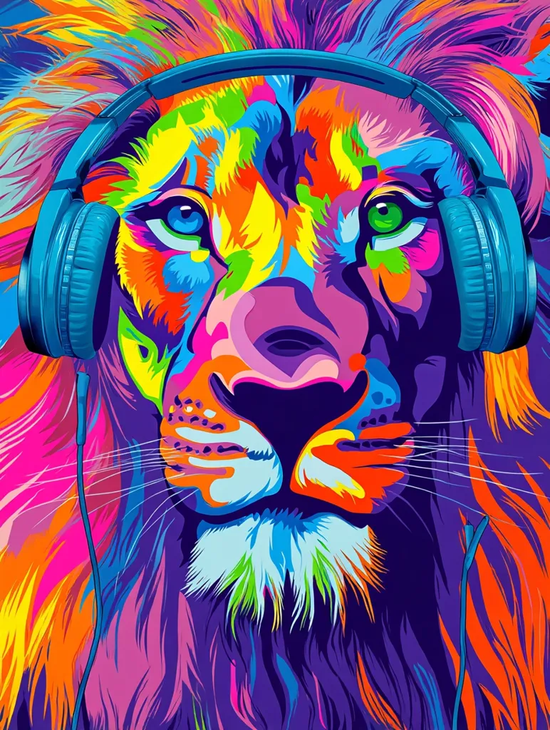 A vibrant, stylized portrait of a lion's head.  The lion's mane and face are rendered in a kaleidoscope of bright, neon colors, creating a bold and energetic aesthetic.  Oversized, bright blue headphones encircle the lion's head, adding a contemporary, pop-art twist to the classic animal portrait. The overall effect is a striking and visually arresting image.
