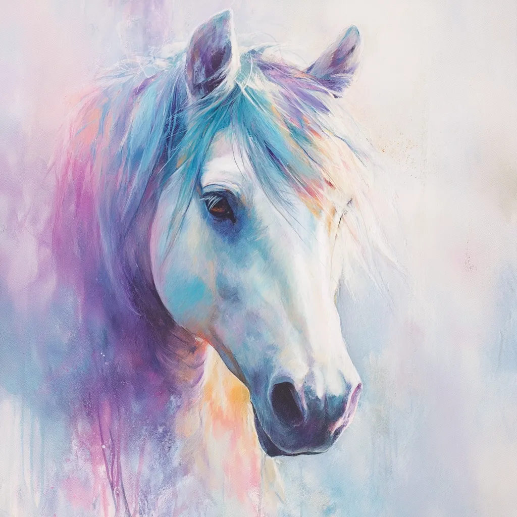 A serene painting showcases a white horse's head and neck, rendered in soft, pastel hues of purple, blue, and white.  The mane and forelock are subtly tinged with vibrant colors, creating a dreamy, ethereal effect. The horse's expression is gentle and peaceful, contributing to the overall calming atmosphere of the artwork.  The background is a soft, washed-out blend of similar colors, enhancing the subject's delicate beauty.