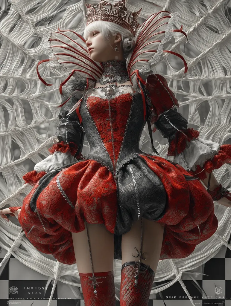 A digital painting depicts a queen-like figure, adorned in a lavish red and black corset dress with a large, ruffled skirt.  She wears a crown and elaborate collar, her blonde hair styled up.  The backdrop features a large, intricate white web-like structure, contrasting with the vibrant red of her attire. The overall aesthetic blends fantasy and gothic elements.