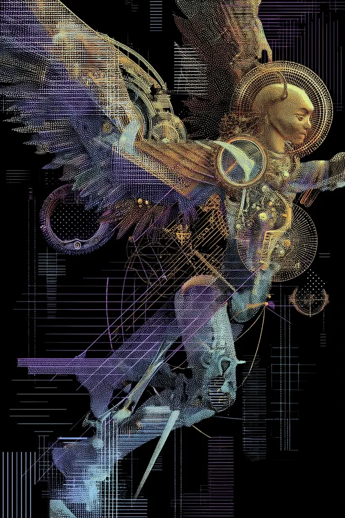 A stylized digital rendering depicts an angel in motion.  The figure, rendered in a pointillist style with a multicolored palette of purples, golds, and blues, possesses large wings and a halo.  Geometric lines and grids overlay the angel, creating a sense of depth and technological integration. The overall aesthetic blends classical angelic imagery with a modern, digital aesthetic.