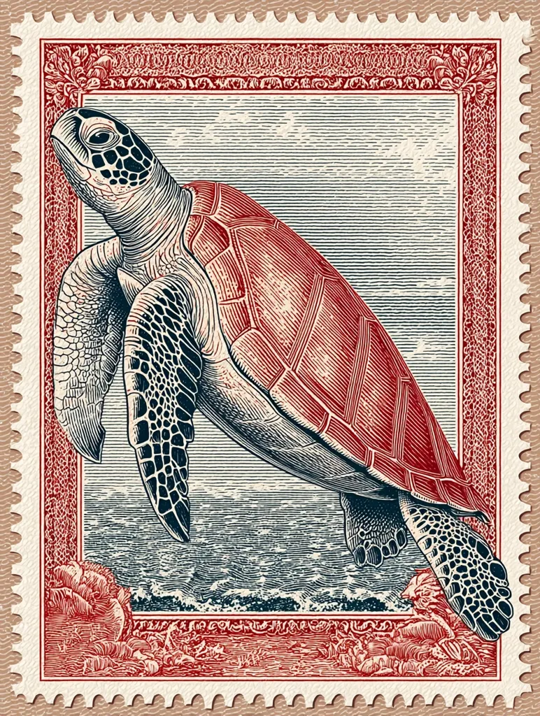 A meticulously detailed illustration of a sea turtle graces a postage stamp-like design. The turtle, rendered in shades of red and blue, is depicted swimming above a stylized ocean scene.  The stamp's border features an ornate frame and textured edges, evoking a vintage feel. The overall style is reminiscent of woodblock prints or vintage illustrations.