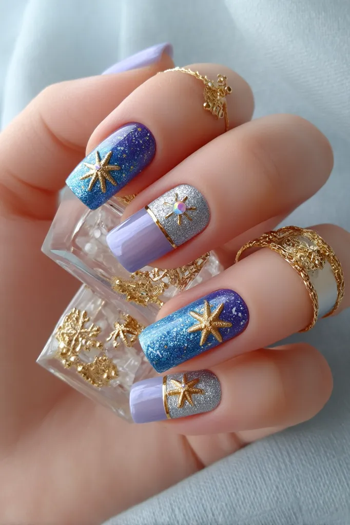 Close-up view of a hand showcasing a beautiful nail art design.  Each nail features a gradient of blue and purple glitter, accented with a gold star charm and a silver glitter stripe.  The hand is adorned with delicate gold rings and chains, complementing the celestial theme of the manicure.  The overall effect is elegant and whimsical.