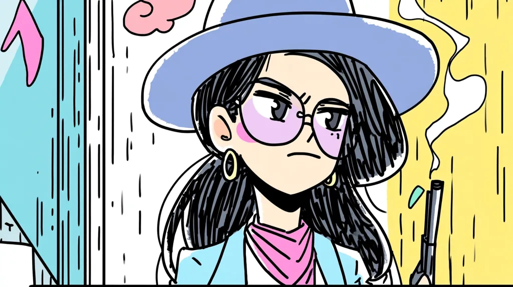 A stylized cartoon illustration depicts a young woman with dark hair, wearing a light blue hat, sunglasses, and a pink neckerchief.  She has a serious expression and holds a gun. The background features bright, contrasting colors and simple lines, suggesting a comic book or graphic novel style. The overall mood is edgy and slightly mysterious.