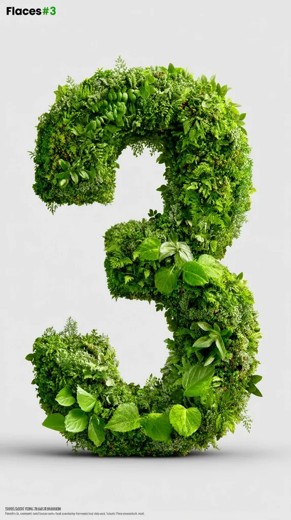 The number three is formed using lush green foliage, creating a vibrant and organic representation.  Various types of plants and leaves are densely packed together, forming the shape.  The image is set against a plain white background, highlighting the textured, natural element of the number. The title "Places #3" is visible at the top.