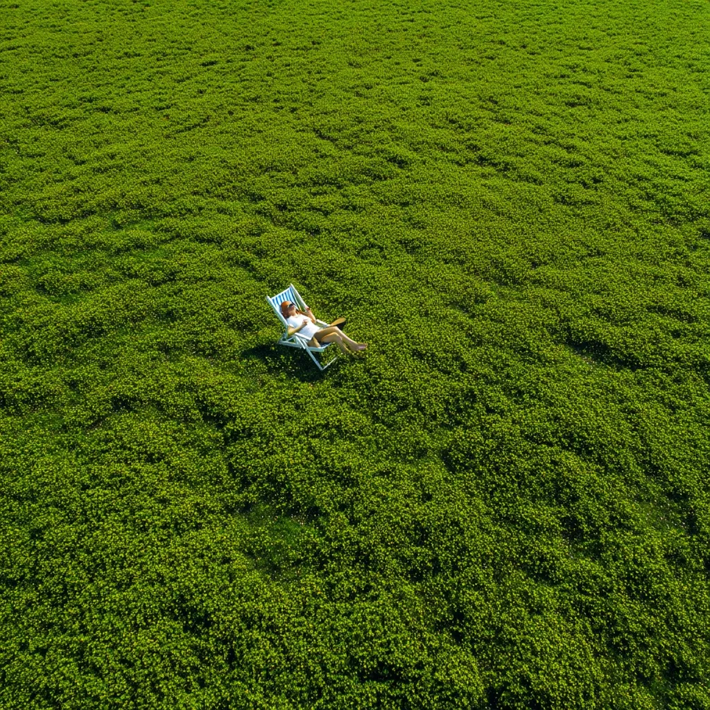 An aerial view shows a person reclining in a white and blue striped deck chair in a vast field of vibrant green clover. The person appears relaxed, possibly reading a book. The scene is peaceful and serene, showcasing a tranquil moment in nature.  The lush green clover stretches to the edges of the image, creating a visually striking contrast with the white chair.