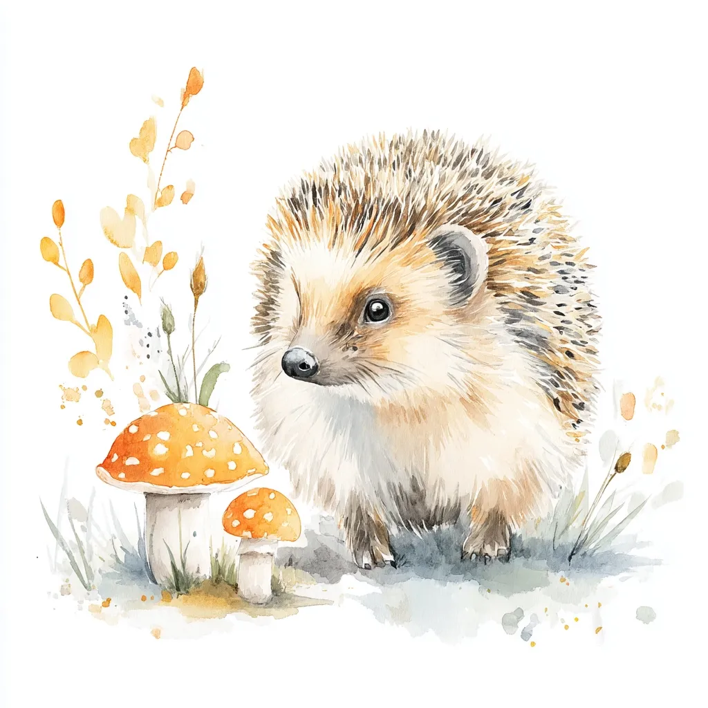A watercolor painting depicts an adorable hedgehog standing amidst a whimsical autumnal scene.  Two vibrant orange mushrooms with white stems sit nearby, adding to the charming woodland setting. Delicate, pale yellow and green foliage surrounds the hedgehog, enhancing the peaceful and enchanting atmosphere of the illustration.  The hedgehog's soft fur and curious gaze create a sweet and captivating image.