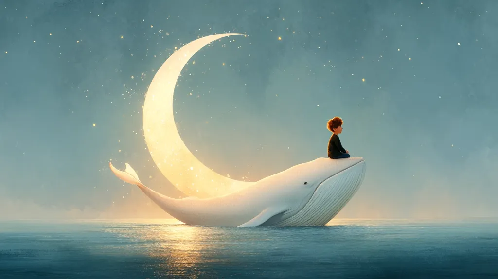A serene illustration depicts a young boy sitting atop a gentle, white whale.  The whale gracefully swims beneath a luminous crescent moon in a starlit sky. The calm ocean reflects the soft glow of the moon and stars, creating a peaceful and dreamlike atmosphere. The scene evokes a sense of wonder and tranquility.