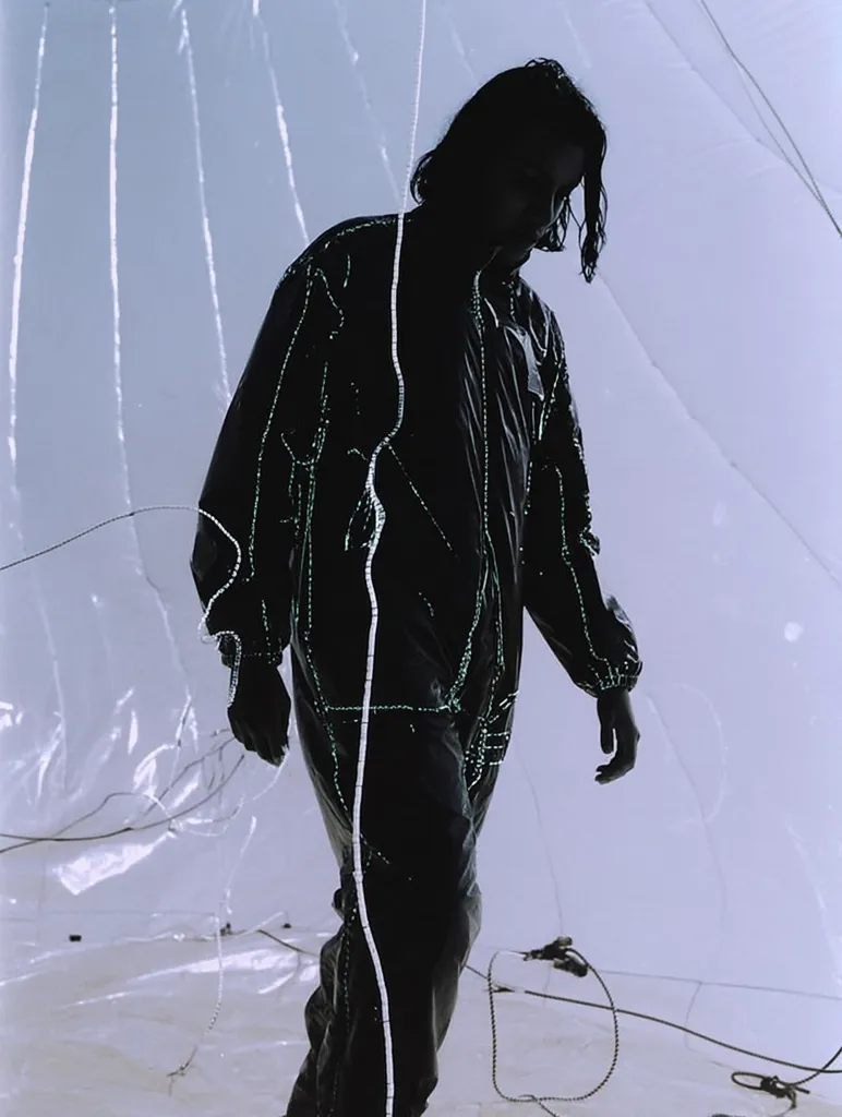 A person, seemingly male, with long dark hair, is captured walking in a futuristic, almost ethereal setting.  They wear a dark, possibly technological jumpsuit adorned with glowing lines. The background features a translucent, membrane-like structure with thin, interconnected lines, suggesting a large, inflated space or installation. The overall mood is somber and somewhat mysterious.
