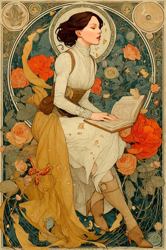 An Art Nouveau-style illustration depicts a woman in a light-colored dress and high boots, seated amidst vibrant orange roses and lush foliage.  She holds an antique book, her pose serene and thoughtful.  The ornate frame features swirling lines, geometric patterns, and symbolic imagery, enhancing the overall aesthetic of refined elegance and mystery.  The color palette is warm and rich, emphasizing the beauty of the woman and her floral surroundings.