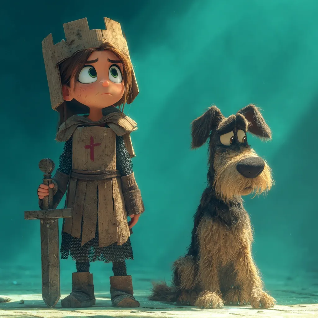 A young, cartoonish knight, wearing a cardboard crown and crude armor, stands solemnly holding a sword.  Beside them sits a scruffy, equally cartoonish dog, sharing the knight's pensive expression.  The background is a muted teal, suggesting a fantastical setting.  The overall style is whimsical and slightly melancholic.