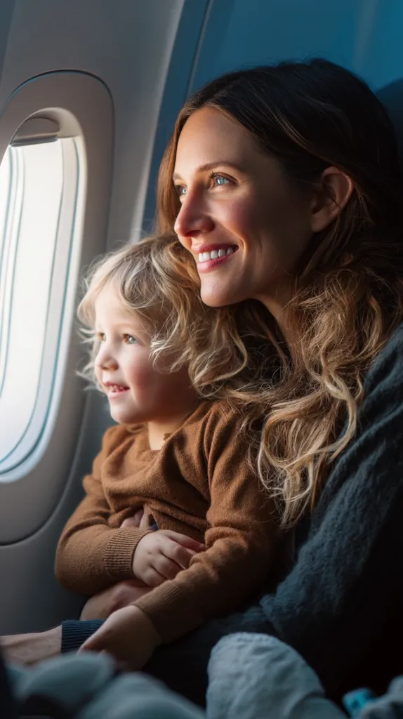 A mother and her toddler are seated by an airplane window.  The mother, with long brown hair, smiles contentedly as she holds her child close. The child, wearing a brown sweater, gazes out the window, perhaps watching the clouds below.  The scene conveys a sense of warmth and peaceful travel.