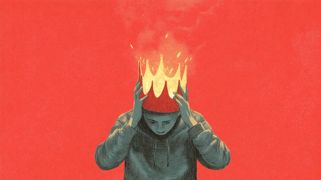 The illustration depicts a person wearing a crown that is ablaze, their hands clutching their head in distress.  The crown, a symbol of power or royalty, is burning, suggesting the weight and burden of such a position, or perhaps the destruction of an ego. The red background intensifies the feeling of stress and pressure. The overall image conveys a sense of overwhelming responsibility or inner turmoil.