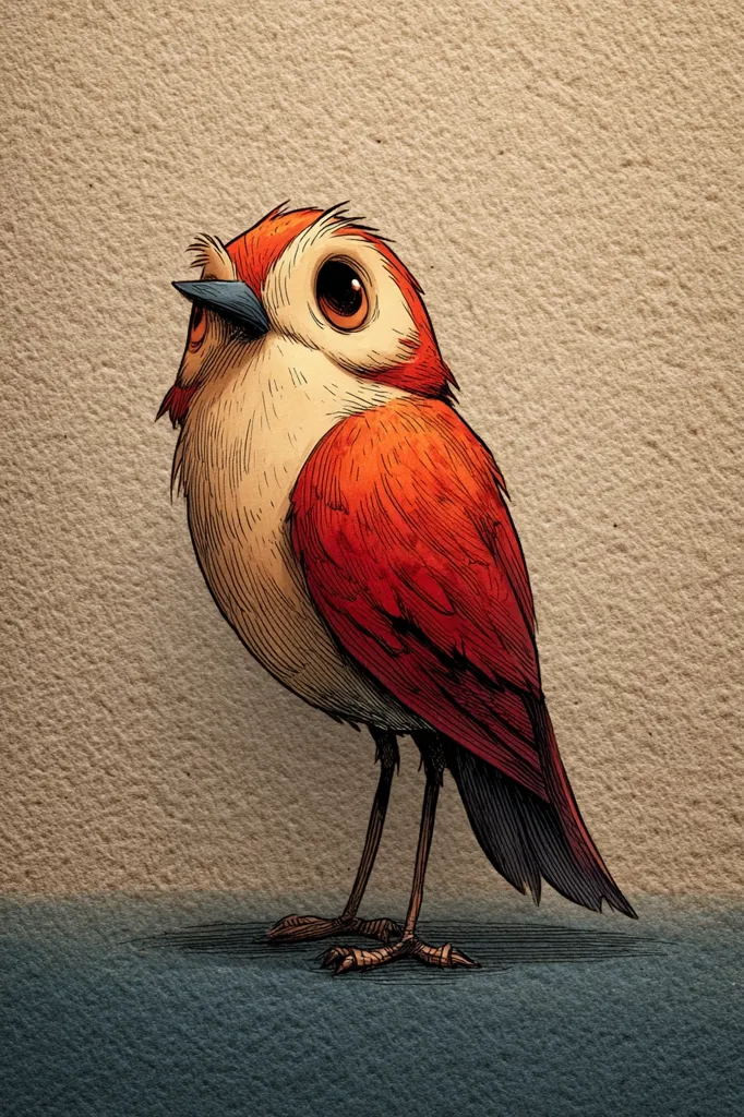 A stylized illustration of a small, plump bird.  Its plumage is predominantly vibrant red, contrasting with a creamy beige underbelly and a small, dark blue beak.  Large, expressive eyes give it a charming, almost curious expression. The bird stands on slender legs, its posture suggesting alertness.  The background is a textured, neutral beige, creating a focus on the detailed bird. The artistic style combines hatching and shading for a vintage, almost engraved feel.