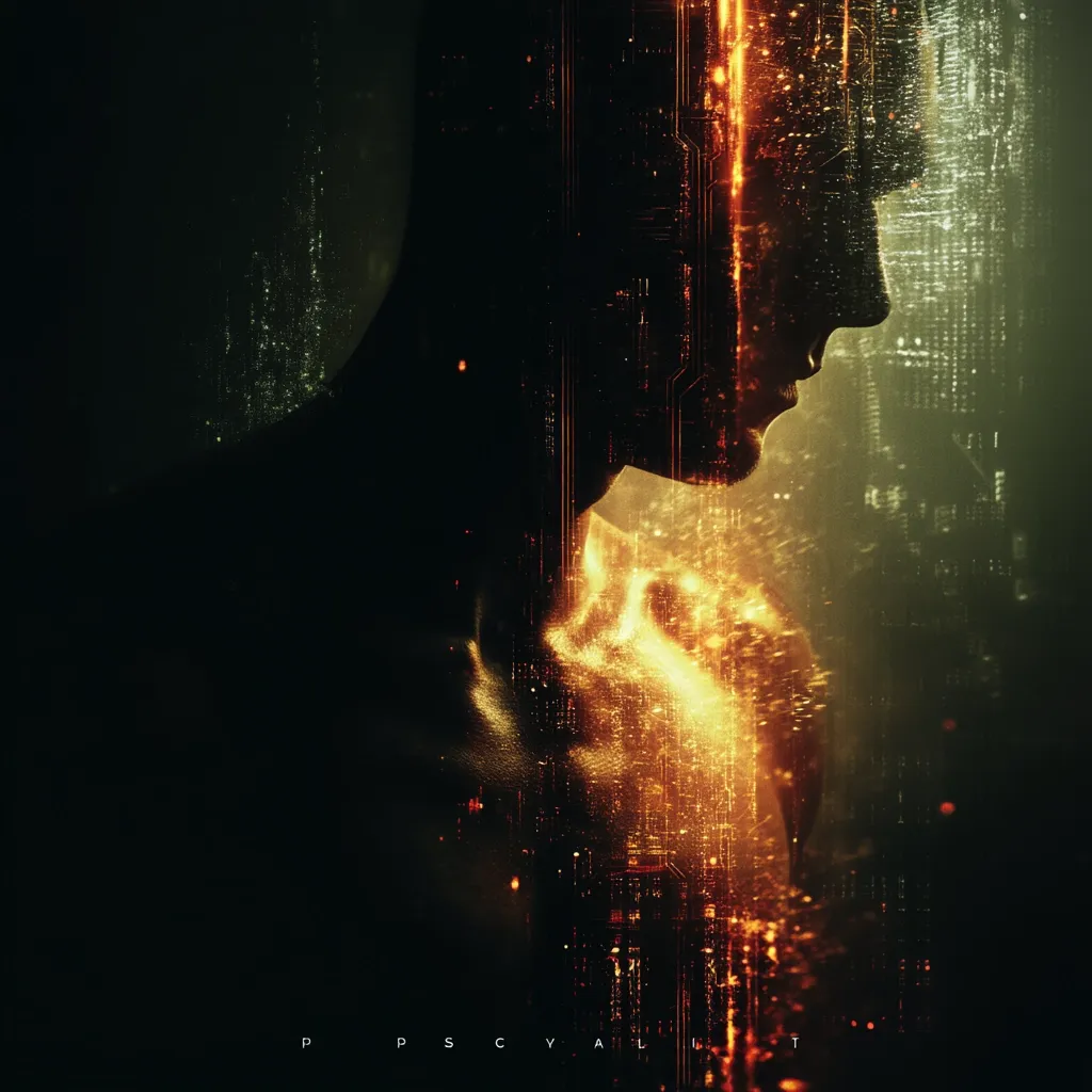 A dark, stylized portrait of a person's upper body.  The figure is silhouetted, with a fiery, circuit-board-like pattern glowing intensely from within their chest and head, suggesting a fusion of human and technological elements. The background is a blurred, greenish-grey texture, creating a mysterious and atmospheric mood.  The overall effect is one of cyberpunk-inspired artistry, exploring themes of human augmentation or digital consciousness.