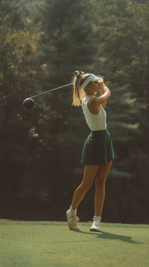 A blonde woman in a white shirt and green skirt executes a powerful golf swing on a lush green course.  Sunlight filters through the trees in the background, creating a serene atmosphere.  Her focused expression and athletic posture highlight her concentration and skill.  The scene evokes a sense of calm and sporting elegance.