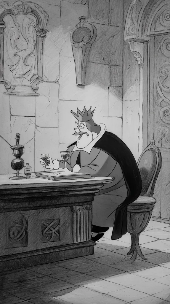 A monochrome illustration depicts a stout king, crowned and robed, seated at a large desk. He holds two wine glasses, one in each hand, and appears to be enjoying a drink. The setting is an ornate room, with stone walls featuring decorative carvings and architectural details. The king's expression suggests contentment or amusement. The overall style is reminiscent of classic animation or storybook illustration.