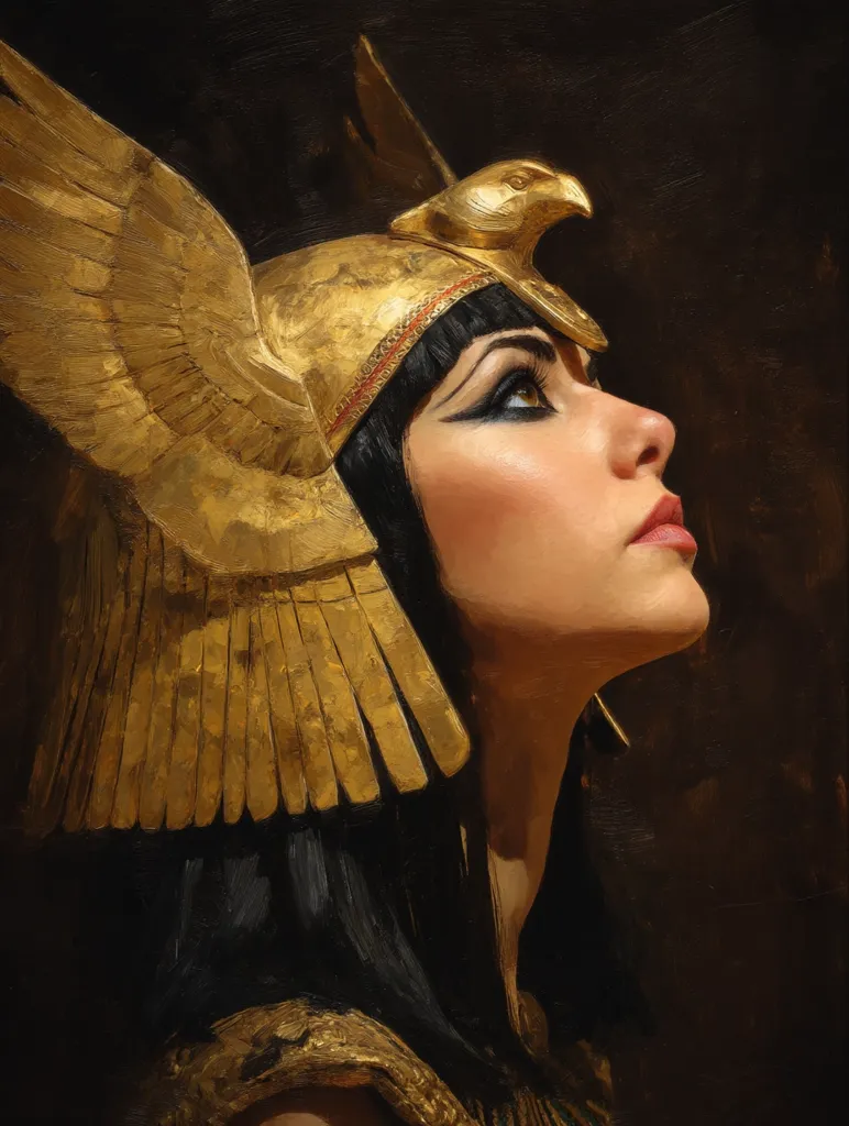 A stylized portrait of a woman, possibly representing Cleopatra, adorned in a magnificent golden headdress featuring outstretched wings and a hawk.  Her dark hair is neatly styled, and her makeup includes dramatic eyeliner, characteristic of ancient Egyptian aesthetics. She gazes upward, her expression serene and regal, against a dark background that enhances the gold's brilliance. The painting's rich texture and use of light and shadow create a captivating and evocative image.