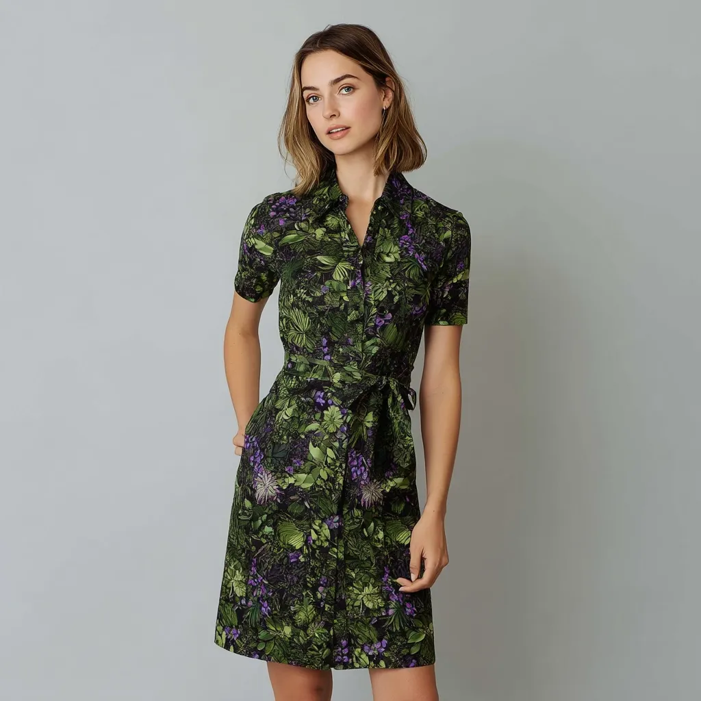 A young woman with shoulder-length brown hair models a short-sleeved shirt dress.  The dress is dark green with a botanical print featuring purple flowers and leaves.  It has a collared neckline, button-front closure, and a self-tie belt at the waist. The model is posing against a plain grey background.