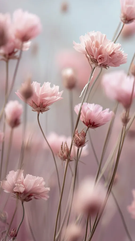 Delicate pale pink flowers with slender stems dominate the image.  Soft focus and a muted color palette create a dreamy, ethereal atmosphere.  The flowers appear to be in a field, their gentle forms creating a sense of calm and tranquility.  The overall impression is one of soft beauty and delicate natural grace.
