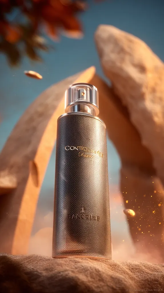 A sophisticated perfume bottle, dark gray with a metallic texture, rests on sand.  The bottle features subtle gold detailing and branding, suggesting a luxury fragrance. The background is a hazy, desert-like landscape with warm-toned rocks and a muted sky.  Gold particles float in the air, adding a mystical, ethereal quality to the image.