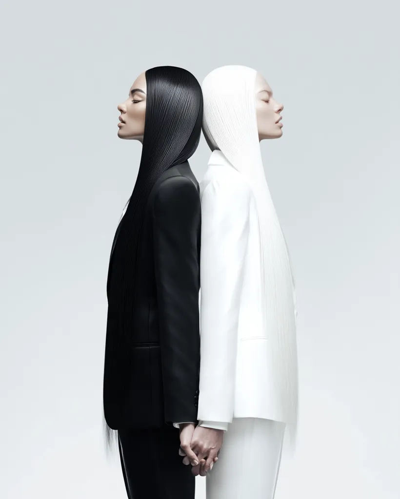Two women stand back-to-back, their long, straight hair contrasting sharply – one black, one white.  They are dressed in matching tailored jackets, hers black, hers white, mirroring their hair.  Their hands clasp gently, creating a striking image of duality and unity against a minimalist grey background.  The image is stylish and evocative of contrasting styles or opposing forces.