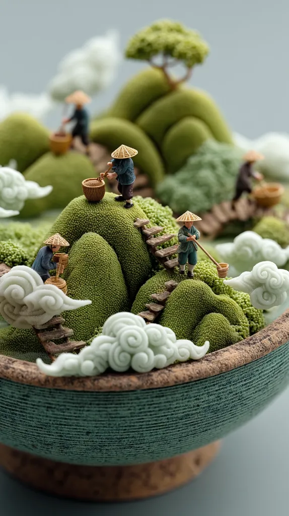 A miniature scene depicting farmers working in a stylized landscape.  Tiny figures in conical hats tend small fields nestled amongst green, textured hills.  Wooden stairs connect the hills, and sculpted clouds float around the base.  The entire scene is contained within a teal bowl, creating a tranquil and artistic diorama.