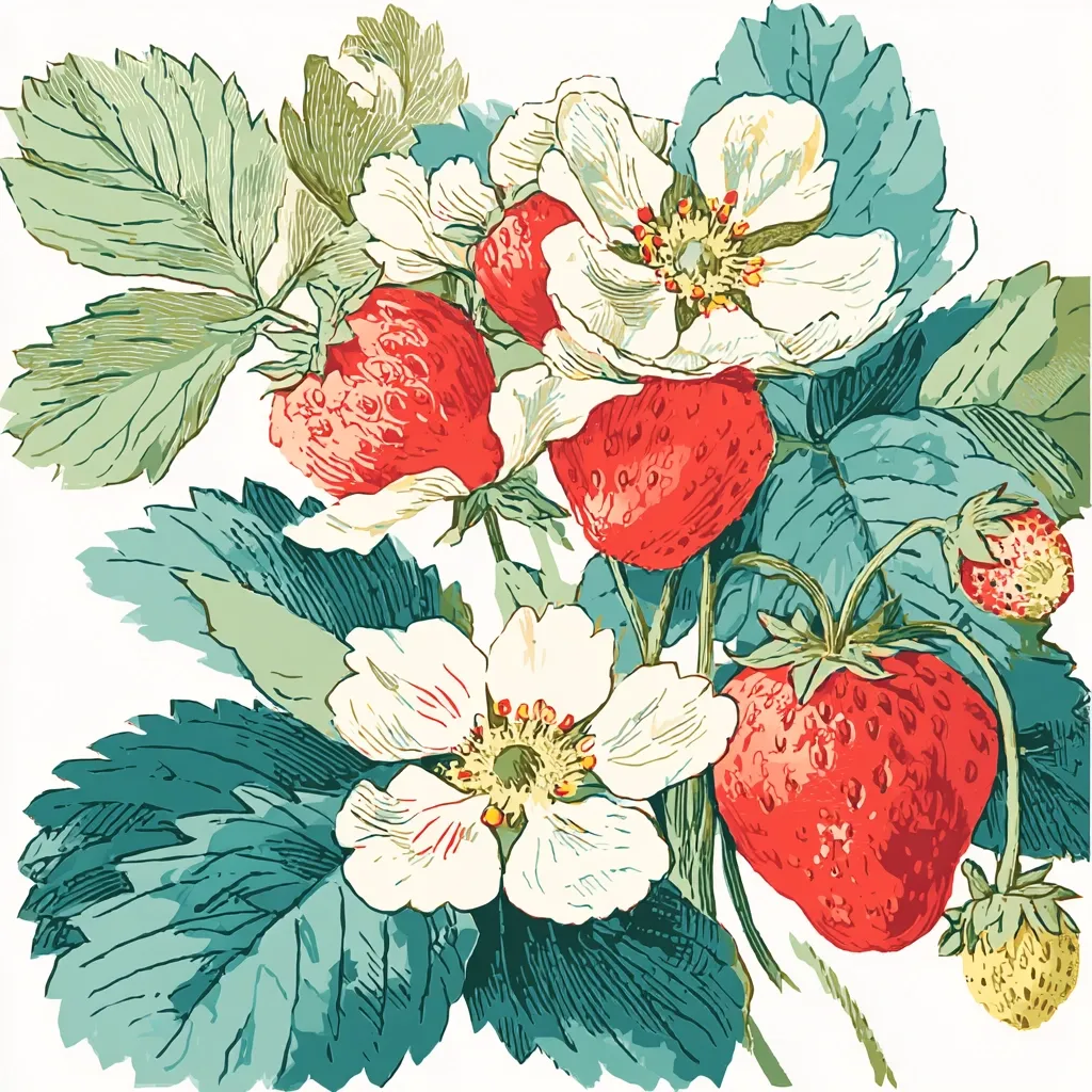 A vibrant illustration showcases a strawberry plant brimming with ripe, red berries and delicate white blossoms.  The detailed artwork features lush, teal-green leaves, highlighting the contrast between the fruit's redness and the flowers' creamy white petals.  Smaller, unripe strawberries peek from the foliage, adding depth to the botanical scene. The style suggests a vintage or antique print.