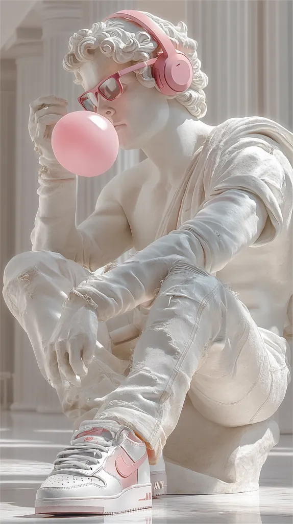 A marble statue, seemingly the classic David, is depicted in modern attire.  It wears pink headphones, sunglasses, distressed light-wash jeans, and pink Nike Air Force 1 sneakers.  A pink bubble is blown from its mouth, creating a surreal juxtaposition of classical art and contemporary style.  The overall tone is soft and pastel, with a dreamy, almost ethereal quality.
