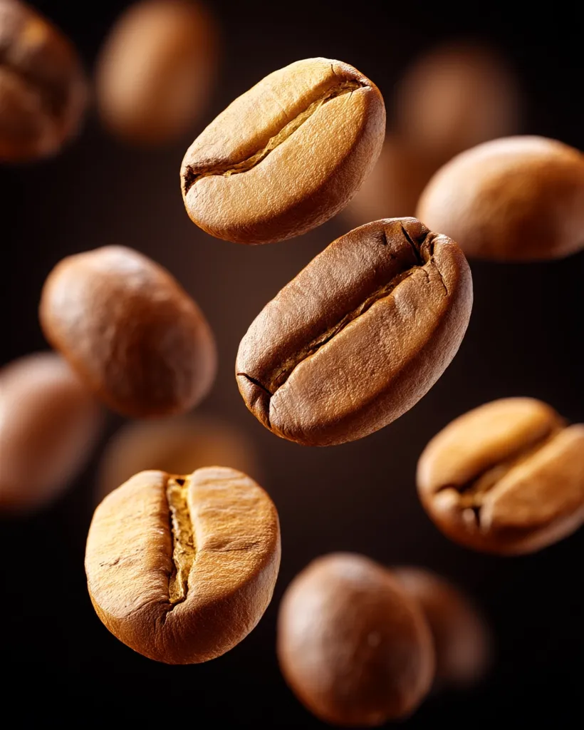 Roasted coffee beans float against a dark background.  Several beans are in sharp focus, showcasing their rich brown color and characteristic shape.  Others are blurred, creating a sense of movement and abundance. The image evokes the aroma and warmth associated with freshly roasted coffee.