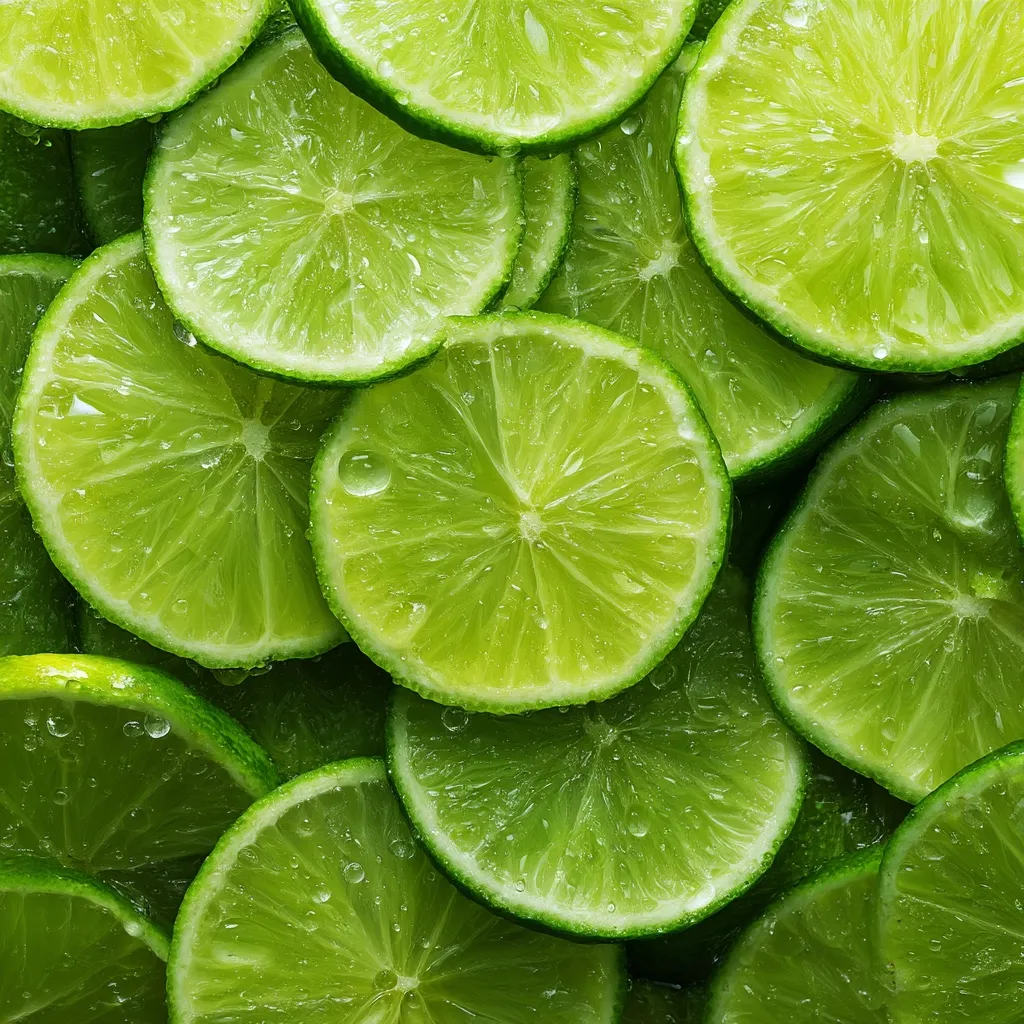 A vibrant close-up showcases numerous lime slices, meticulously arranged to create a visually appealing texture.  The bright green hues of the limes are accentuated by glistening water droplets on their surfaces. The image is a captivating display of fresh citrus fruit, emphasizing its juicy and refreshing qualities.
