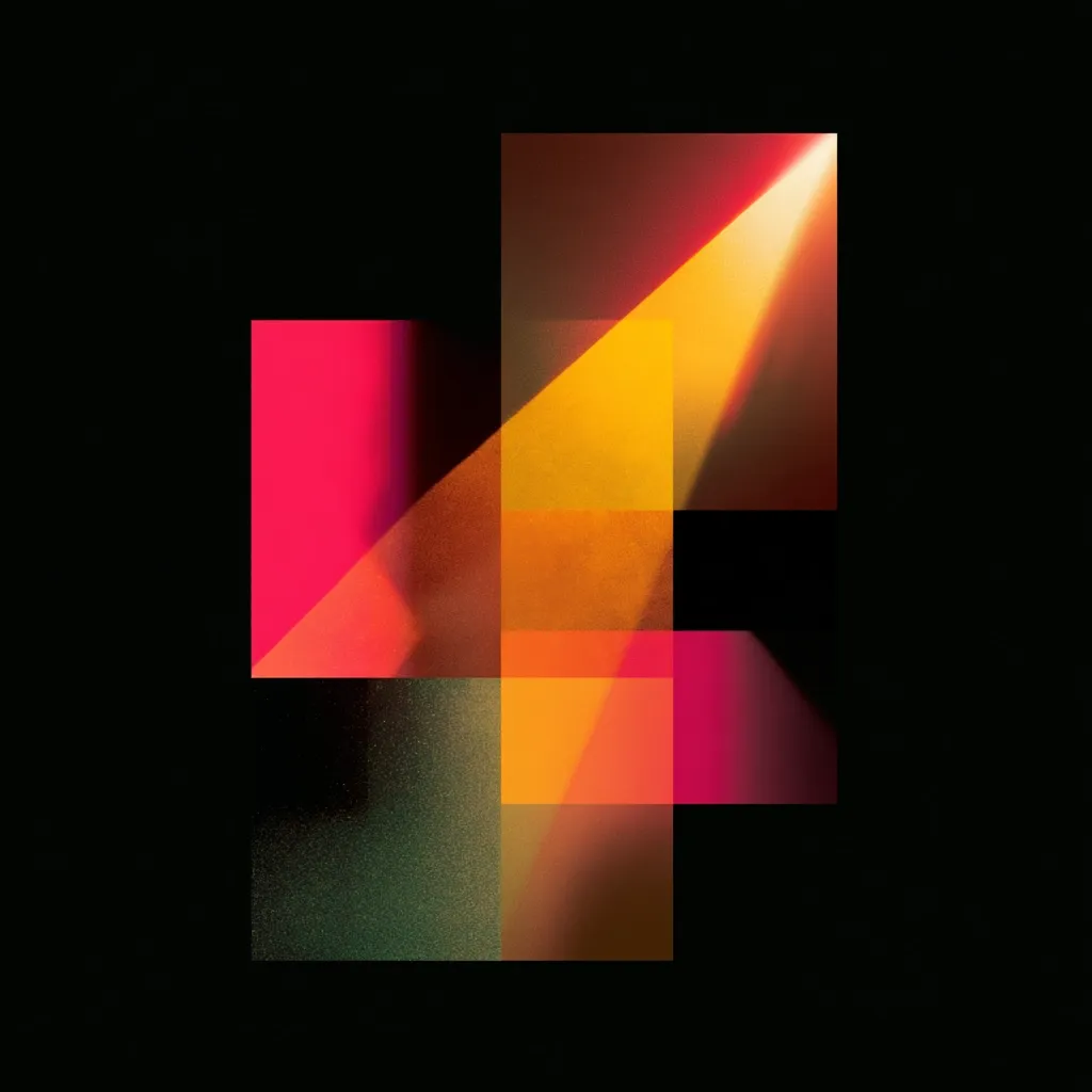 An abstract image features overlapping geometric shapes in warm tones.  Reds, oranges, and yellows dominate, creating a vibrant, almost luminous effect.  A diagonal beam of light cuts through the composition, adding depth and dynamism. The shapes appear translucent, allowing underlying colors to subtly show through, against a stark black background.  The overall impression is one of energy and movement.