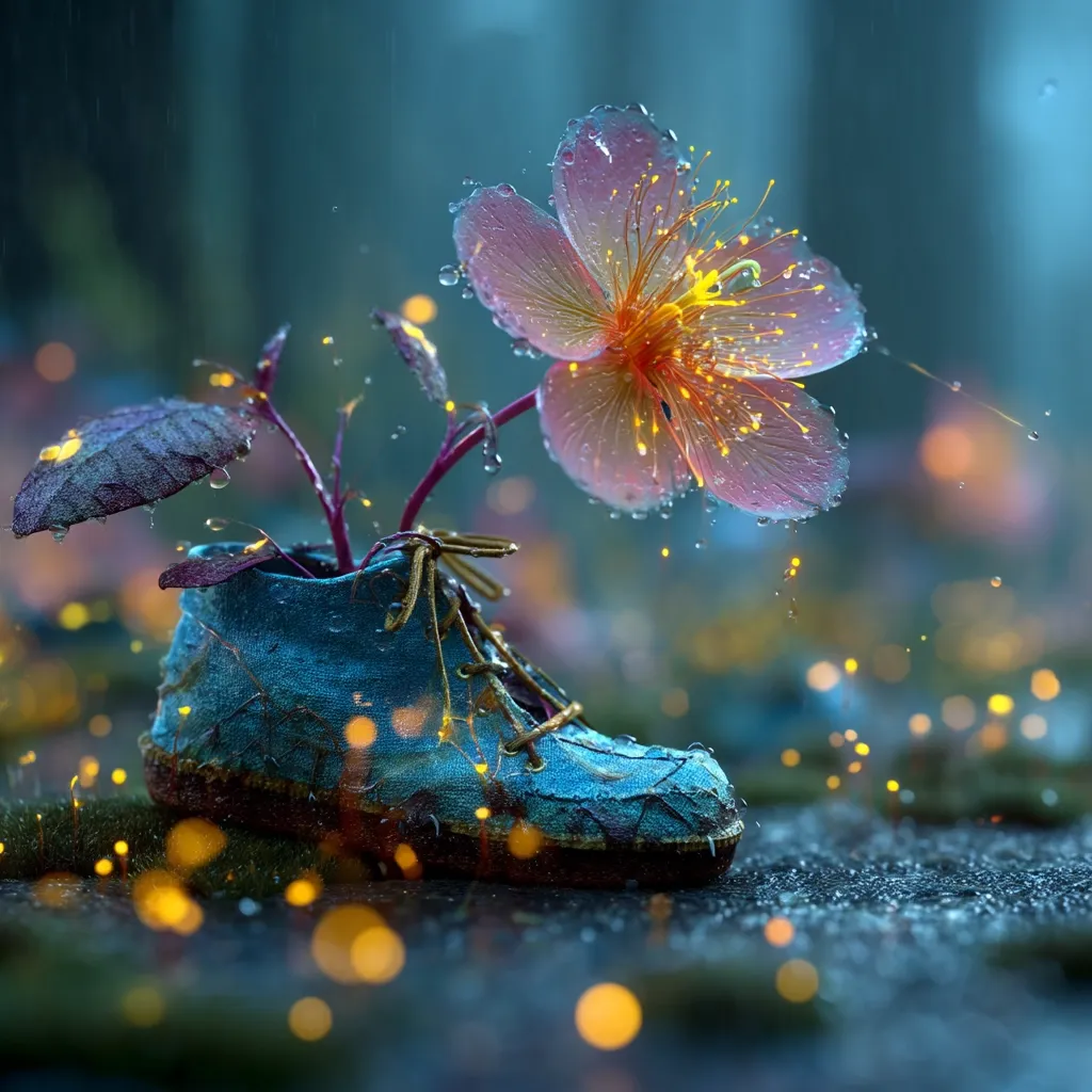 A whimsical image depicts a small, blue boot acting as a planter for a delicate, glowing pink flower.  Raindrops cling to both the flower's petals and the boot, enhancing the magical ambiance.  Tiny sparks of light surround the scene, creating a surreal and enchanting atmosphere. The overall mood is one of fantasy and wonder.